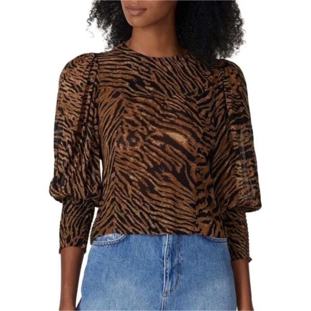 Gianni Tiger Print Bishop Sleeve Top Tie Back Animal Print Brown Orange NEW